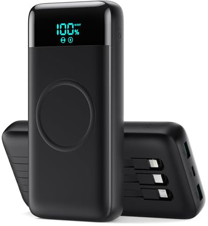 Power Bank Inalámbrico 26800mAh con 3 Cables, 7 en 1 Batería Externa Carga Rápida 25W PD3.0+QC4.0, 6 Puertos Powerbank Cargador Portátil LCD Display Compatible con iPhone 16/15/14 Huawei Samsung-Negro