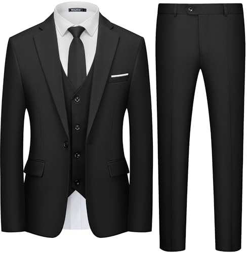 WULFUL Men's 3 Piece Slim Fit Suit Set One Button Blazer Jacket Pants Tuxedo Set Black