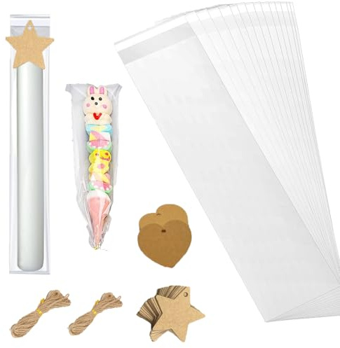 Juego de 200 bolsas de celofán OPP con 200 etiquetas de regalo de papel kraft y cuerda para velas, caramelos, galletas, bodas, fiestas, San Valentín, 10 x 30 cm
