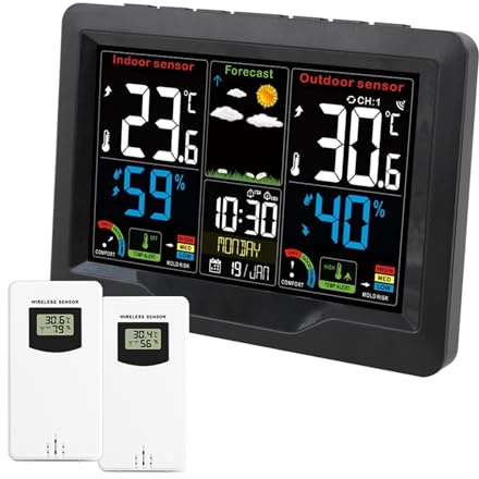 Stazione Meteo, Stazione meteorologica Termometro Previsione dell'umidità Sveglia Grado muffa Strumento da tavolo wireless da tavolo 3 con sensori esterni(Sensor 2)
