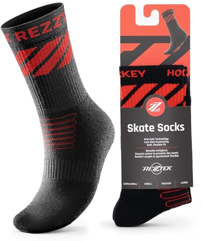 Rezztek hockeyskridskostrumpor med halkfri sula och anti-skosnören biskydd, bekväma och hållbara för vuxna och tonåringar, svart, L