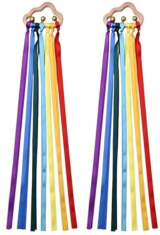 2 Pack Wooden Grip Toy Rattle with Ribbons Sensory Ribbons, for Visual and Tactile Play, Sensory Ribbon, Age 15+