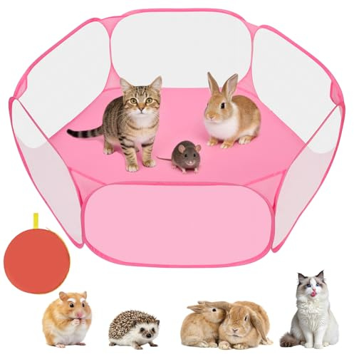 Aomig Små djur husdjur lekhage vikbar husdjursbur tält pop-up träningsstaket transparent djur lekhage andningsbart träningsstaket hexagonal lekhage för marsvin kaniner hamster chinchillor (rosa)