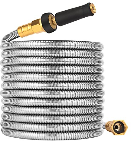 Rosy Earth Garden Hose 100 FT, Heavy Duty 304 Stainless Steel Flexible Water Hose, No-Kink, No Bite, Expandable Water Hose for Yard, RV, Car