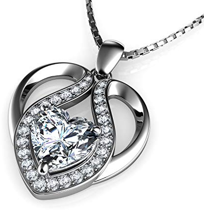 DEPHINI - Hjärthalsband - 925 Sterlingsilver - Dubbla hjärtan hänge - Kubisk zirkonia - Damsmycken - Heart Necklace - 925 sterling silver Double Hearts Pendant - CZ - Jewellery for Women (Vit 5)