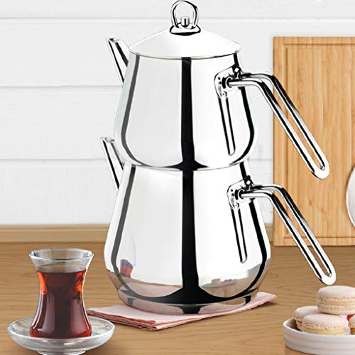 Hakan Théière turque noire et dorée pour cuisinière, double théière en granit avec poignée en acier inoxydable, bouilloire de style samovar, théière de 1 200 g avec couvercle + théière de 2,6 l, total