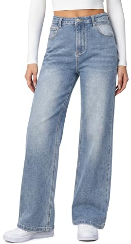 HDLTE Women Wide Leg Jeans Junior High Waist Baggy Jean Loose Boyfriends Jeans Blue Washed