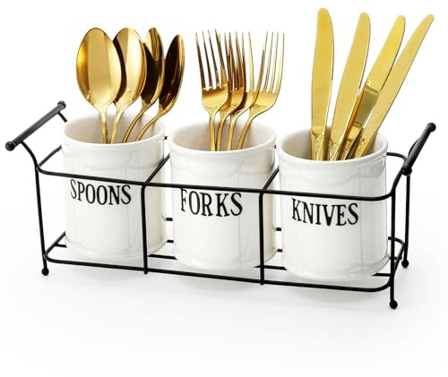 Bekith 3-Piece White Ceramic Silverware Caddy with Black Metal Rack, Utensil Holder Flatware Caddy Cutlery Storage Organizer for Kitchen Table, Cabinet or Pantry