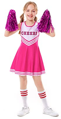 ALUCIC Mädchen Cheerleader Kostüm Cheerleading Uniform Karneval Fasching Party Halloween Kostüm Kleid Minirock mit 2 Pompoms und Socken (Rose, 146-152)
