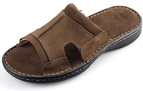 TIESTRA Mens Leather Slide Sandals Comfortable Lightweight Summer Casual Beach Slides for Men Indoor & Outdoor slip on sandals Brown EU43 US10