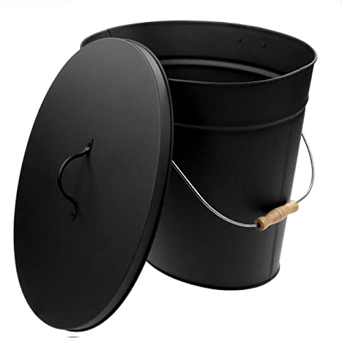 raik Ascheeimer Werner schwarz 24 l verzinkter Stahleimer mit Deckel und Holzgriff zum sicheren Transport und zur Aufbewahrung von Kaminasche aus Kaminofen oder Kamineinsatz, Maße 35x40x28 cm