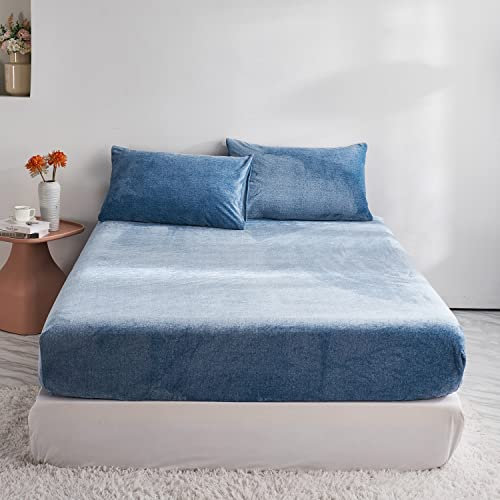 Damier Winter Spannbettlaken 100x200cm Blau Flauschige Warme Samt Bettlaken Teddy Plüsch Spannbetttuch Geeignet für 30cm Matratze