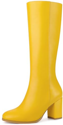 Allegra K Botas altas hasta la rodilla con tacón de bloque con cremallera y punta redonda para mujer, Amarillo, 37 EU