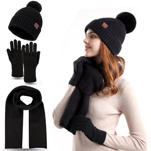 FUBABCO Conjunto Gorro Bufanda Guantes Mujer Invierno Cálido Gorro Guantes de pantalla táctil y largo Bufanda Set Forro Polar Gorro de Punto Bufanda de Invierno Guantes de Invierno para Mujeres Regalo
