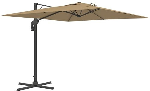 Outsunny Parasol déporté avec mécanisme hydraulique parasol de jardin extérieur carré rotatif à 360° base croisée et mât en aluminium dim. 3L x 2,6l m polyester haute densité kaki