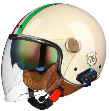 Vuxen Open-Face Bluetooth-hjälm MC-hjälm med dubbelvisir Retro motorcykel halvansiktshjälm Skalkeps DOT/ECE-godkänd 3/4 Cruiser Scooter Jet-hjälm for män kvinnor(Color:Q,Size:M(57~58CM))