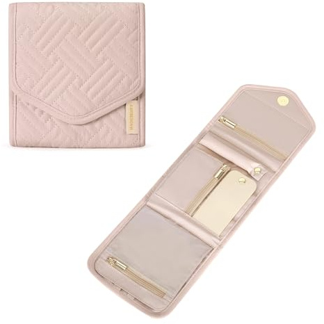 bagsmart Travel Jewellery Organiser, Small Foldable Jewelry Organiser Roll | travel jewellery Case for Journey-Rings, Necklaces, Bracelets, Earrings,Small-Pink