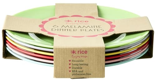 RICE Runde Speiseteller aus Melamin in verschiedenen Farben (6 Stück) – leicht, einfach zu waschen und farbenfrohes Geschirr für den Heimgebrauch und jeden besonderen Anlass, BPA-frei und