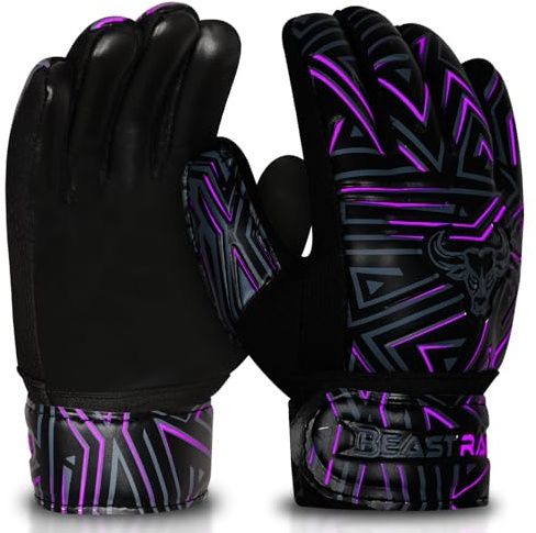 BEAST RAGE Youth Goalkeeper Gloves for Kids,Boys,Girls,Soccer Goalie Gloves Anti-Slip 3 + 3 MM Dumbo Grippy Palm,Extra Grip,Double Wrist Strap,Breathable Mesh (Purple, Size 4)