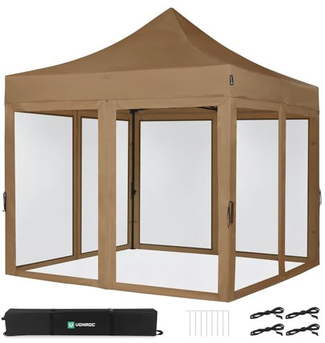 VONROC Tente de Réception Easy-Up 3x3 m - Pliable - Imperméable - Kit 4 Parois Latérales en Moustiquaire - Modulable - Armature en Acier - Protection UV 50+ - Sac de Rangement Inclus - Beige