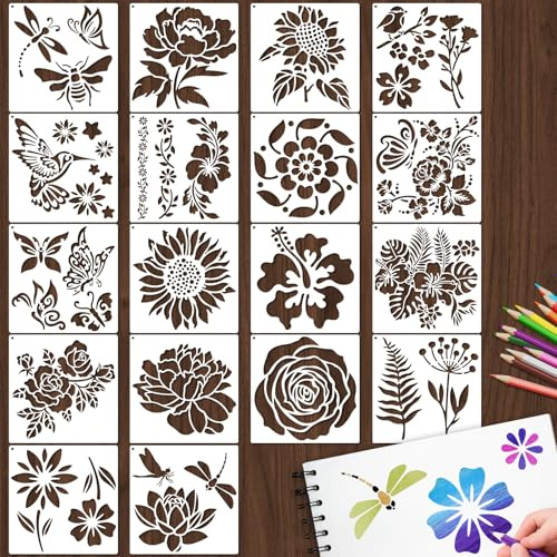 18 piezas de plantillas de pintura de flores reutilizables para pintar sobre madera, rocas, lienzo, tela, vidrio, cerámica de 6,5 x 6,5 pulgadas