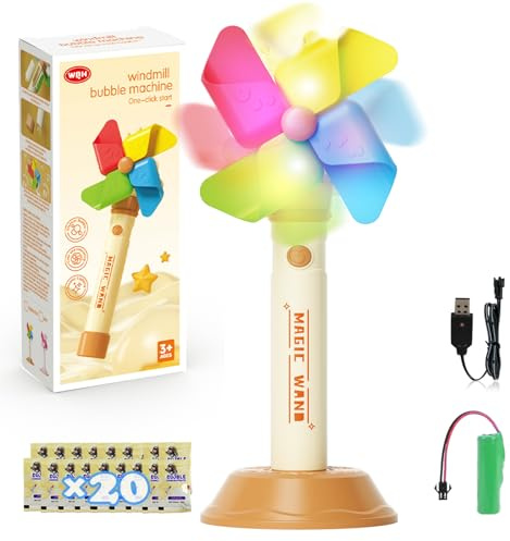 Machine à Bulles Enfant avec Moulin à Vent Rotatif LED,10 000 Bulles/Min, avec Solution & Rechargeable USB, pour Anniversaire/Mariage/Plage 3+ Ans