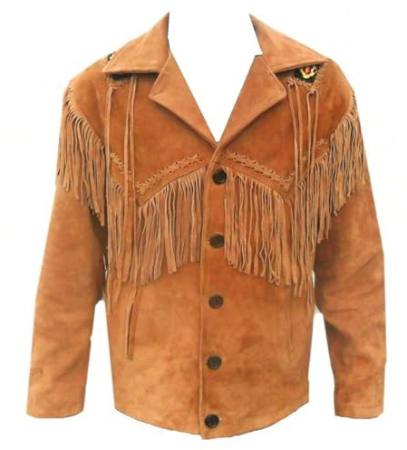 Rumble Products Chaqueta tradicional con flecos occidentales para hombre, chaqueta de piel de ante marrón, abrigo estilo vaquero nativo americano, Marrón, X-Large