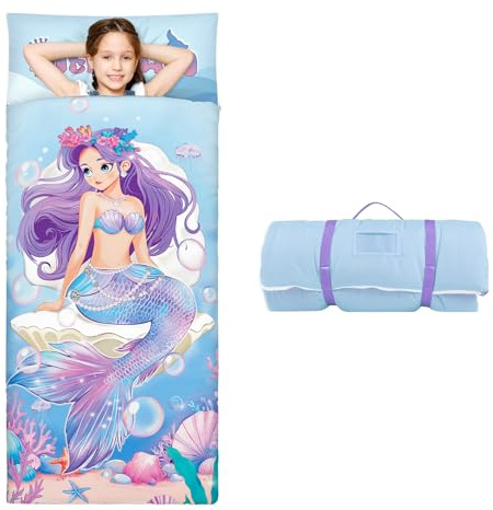 Grande Taille Sac de Couchage pour Enfants avec Oreiller Amovible 170×75cm, Chaud Tapis de Sieste Pliable pour Filles, Couverture de Sieste avec Fermeture Eclair pour Camping Ecole Garderie, Sirène