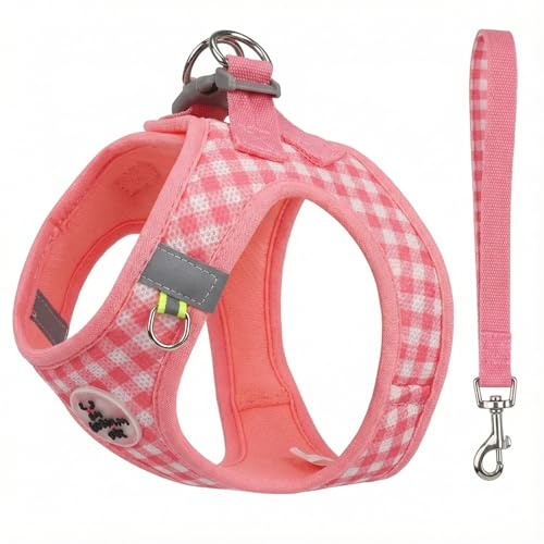 Mjukt nät reflekterande hundsele och koppel set, justerbar icke-dragande husdjursväst, andningsbar lätt valpsele för små hundar och katter, enkel promenad (rosa, XS)​