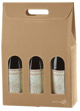 SIMPLETEK - Scatola Di Cartone Confezione Regalo Vendita Avana Per 3 Bottiglie Vino Olio Con Finestra per Natale Occasioni (1 pezzo)