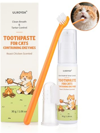 ulroyda Enzymatic Cat Toothpaste Kit – Roast Chicken Flavor Dental Care for Cats & Kittens | Fights Plaque, Tartar & Bad Breath | Includes Toothbrush & Finger Brush, 1.06 oz