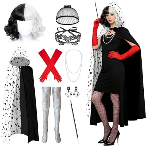 Kefyvbdj Costume da Crudelia Devil Donna, Cruella Costume Set con Mantello Bianco Nero, Parrucca, Guanti, Collana e Maschera, Costume Carnevale Donna per Carnevale Cosplay Mascherata Festa