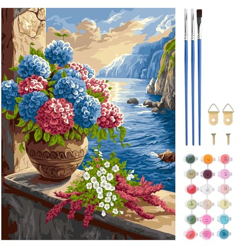 TLIOBLO Fleurs sur le balcon Peinture par Numéros pour Adulte, DIY Peinture pour Adultes Enfants Débutants Facile sur Toile avec Peintures et Pinceaux, Décor Maison Cadeaux 30x40cm