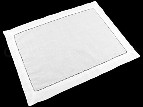 CleverDelights White Hemstitched Placemats - 6 Pack - 14 x 20 - 45/55 Cotton Linen Blend