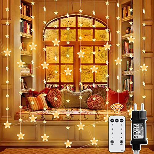 Tenda Luminosa 2x1.5 m Tenda di Luci 80 Stelle 144 LEDs avec Telecomando Impermeabile IP44 Catena Luci Decorazione Natale Interni ed Esterni per Camera Finestra Feste Matrimonio (Bianco Caldo)