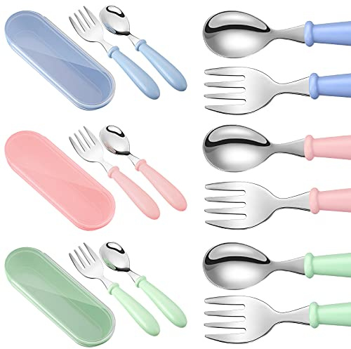 Patelai 9 Pcs Toddler Utensils with Case Stainless Steel Fork and Spoon Set Safe Baby Silverware Children Flatware Kids Cutlery with Round Handle for Lunchbox, Dishwasher Safe(Blue, Green, Pink)