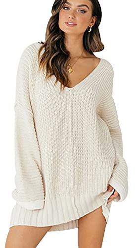 Vestido Jersey Vestir Punto Cuello Pico Mujer Invierno Sueter Mujer Jerséis Pullover Oversize Gordo Cuello V Talla Grande Jerseys Jerseis de Mujer Jumper Dress Suéter Suéteres para Mujer Blanco XL