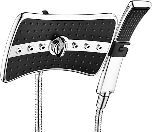 BRIGHT SHOWERS Set doppio soffione doccia combinato, soffione doccia a pioggia con quadrante nero, lungo 152 cm, tubo doccia in acciaio inox, cromato