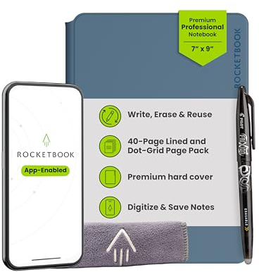 Rocketbook PRO 2.0 Wiederverwendbares Digitales Notizbuch A5 Stahlblau Elektronischer Notizblock mit 20 Blatt Liniert und mit Punktraster, Hardcover Veganes Leder mit inkl. Pilot Frixion Stift