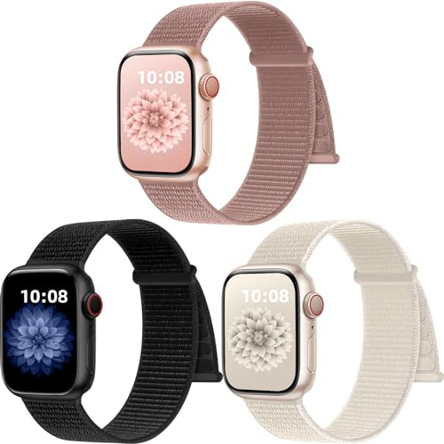 PIOWNN 3-pack nylonremmar kompatibla med Apple Watch, 41 mm, 40 mm, 38 mm, 44 mm, 45 mm, 42 mm, 49 mm, för kvinnor, män, kardborrebandsfäste, sportslinga, band för iWatch, SE, serie 1–9, Ultra 2, 1