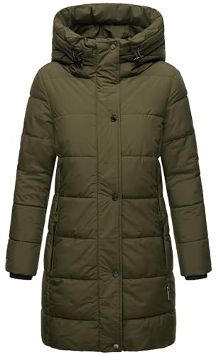Marikoo Karumikoo XVI XS-5XL - Giacca invernale lunga da donna, trapuntata, con cappuccio, calda fino alla coscia, Verde oliva scuro, 5X-Large