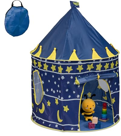 Relaxdays Tienda Campaña Infantil, Tipi Niñas, Lunas y Estrellas, Cierre Contacto, 135 x 100 cm, Azul/Amarillo