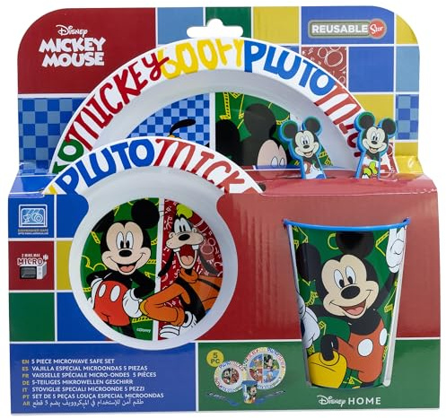 SET MICRO 5 PCS (PLATO, CUENCO, VASO Y CUBIERTOS) EN CAJA MICKEY HAS FUN