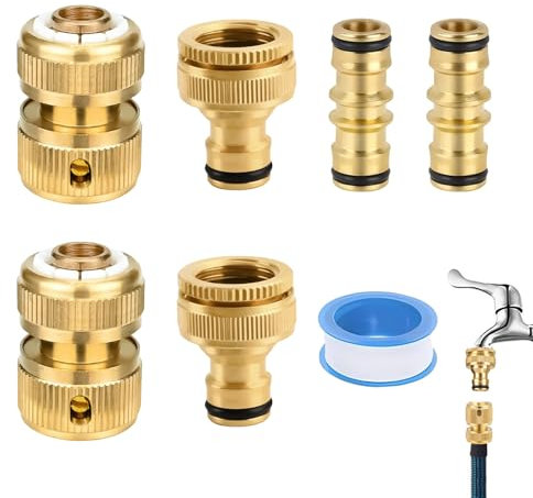 6 Pcs Garden Hose Connector, Hose Pipe Connector, Brass Garden Quick Connectors, Double Male Connectors, Watering System Adapter with Plumber Tape for Outdoor Tasks