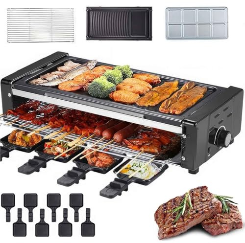 Electric Indoor Smokeless Grill with Nonstick Natural Stone Surface & 8 Raclette Pans, Portable Detachable BBQ Griddle for Cheese Dishes, Cooking Parties, Grilling, Baking