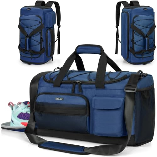 FREEAMG Gym Bag with Shoe Laptop Compartment for Men Women Water-resistant Sports Gym Duffle Backpack Travel Duffle Bag with Wet Pocket Weekender Overnight Carry On Backpack (Dark Blue)