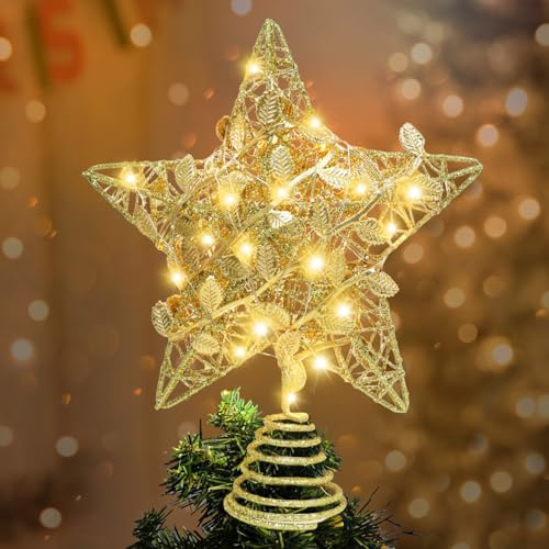 Etoile Sapin de Noel, Pointe pour Sapin de Noël, Sapin de Noel Lumineux, Décorations pour Sapin de Noël, Fonctionnement à Piles, Noel Sapin avec Doré et Argenté
