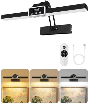 OUTON Rechargeable Picture Light with Remote & Touch, 15.7 Magnetic, Battery Operated, 3 Color Temperatures Dimmable, Clock, Timer, Memory, Power Indicator, Wireless Art Light for Wall, Black