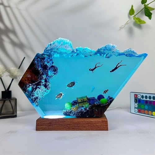 Drawelry Epoxy Resin Ocean Lamp Manta Rays and Couple Diver Night Light Ocean Lamp Handmade Night Lamp Desk Resin Night Light Home Office Bedroom Decor 15.24x10.16cm (Sea Turtle and Couple Diver)
