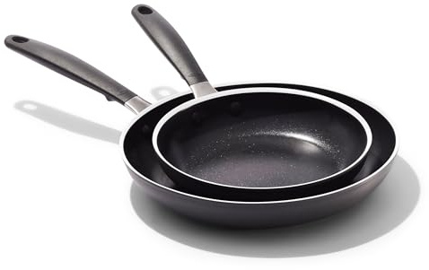 OXO Non-Stick Every Day Frying Pan Set, BPA-Free Comfort Grip Silicone Handles, Dishwasher & Oven Safe, PFAS-Free Ceramic Skillets, Black, 8” & 10”